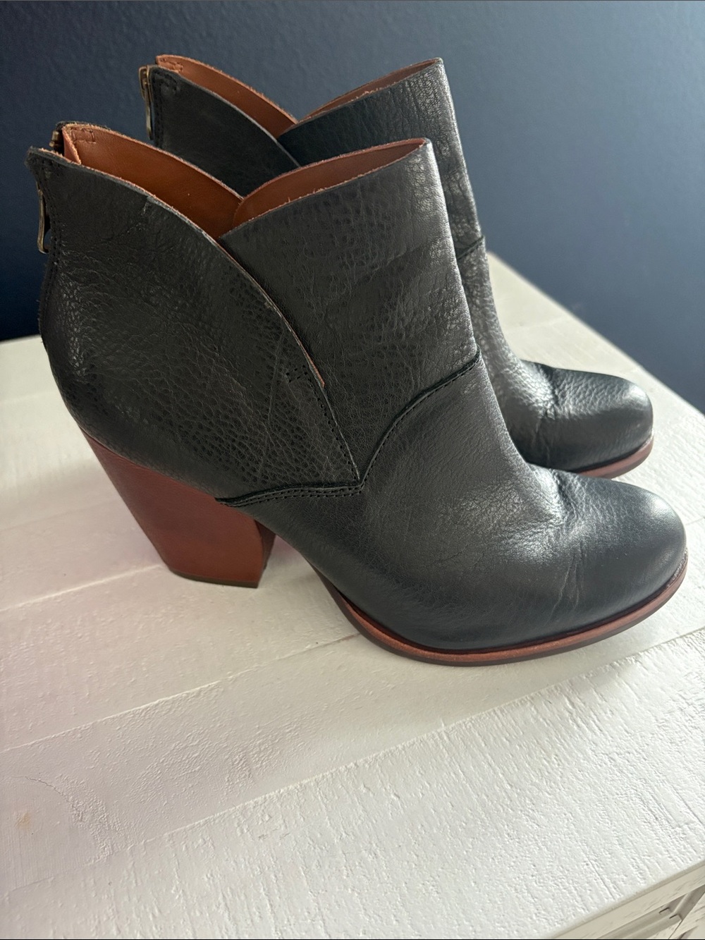 Kork- Ease Black Leather Ankle Booties with Brown Block Heel